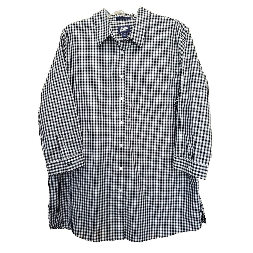 Lands' End Women's No Iron Supima Black Gingham 3/4 Slv Button-Up Tunic Size 16